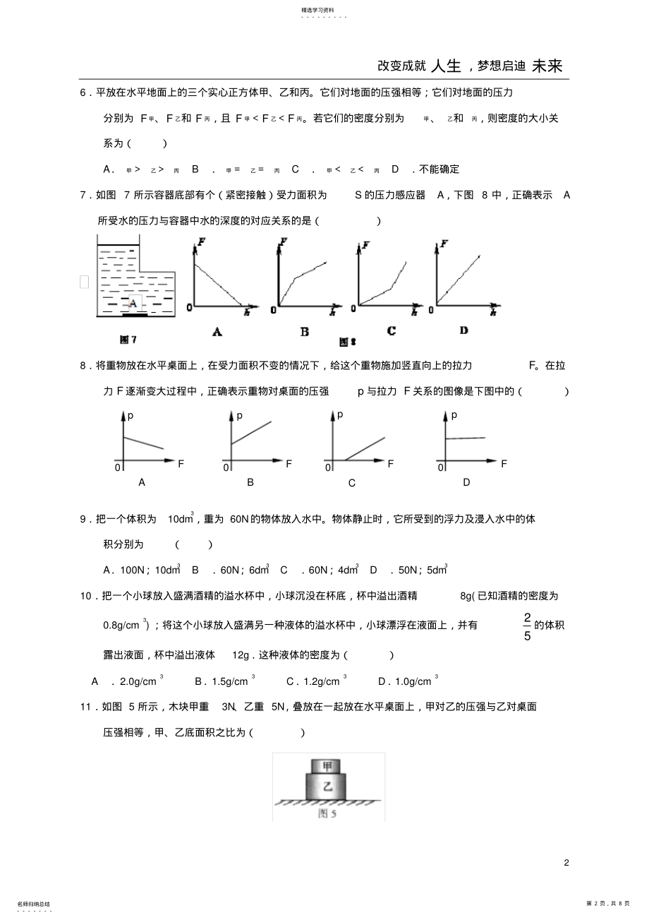 2022年压强浮力和杠杆精编试题用 .pdf_第2页