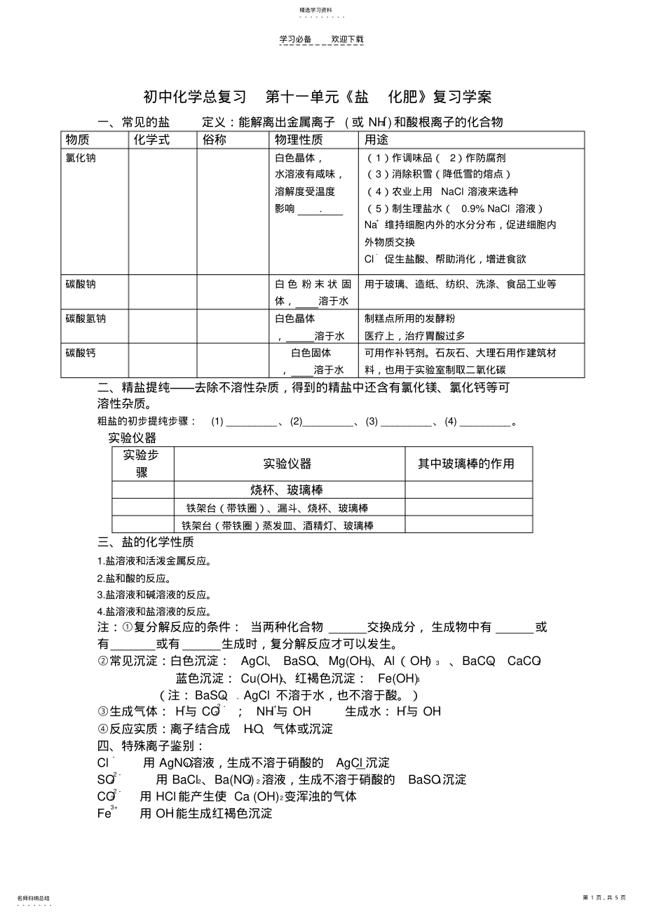 2022年初中化学总复习第十一单元《盐化肥》复习学案 .pdf_第1页