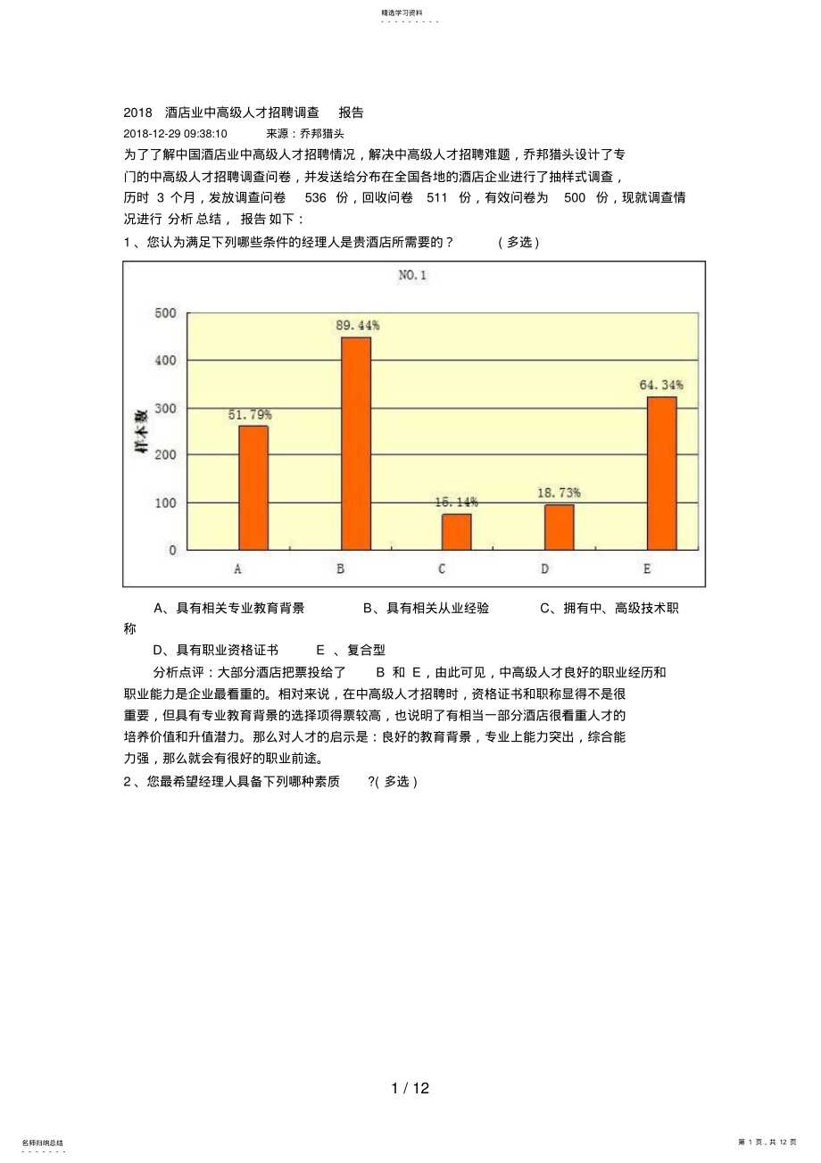 2022年酒店业中高级人才招聘调查报告 .pdf_第1页