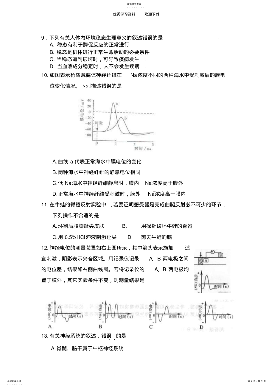 2022年内环境与稳态和神经调节练习附答案 .pdf_第2页