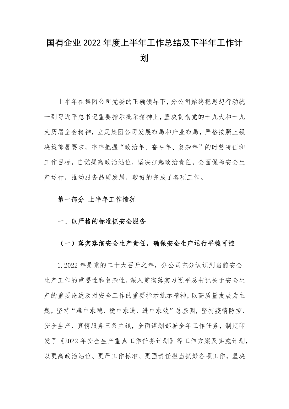 国有企业2022年度上半年工作总结及下半年工作计划.docx_第1页