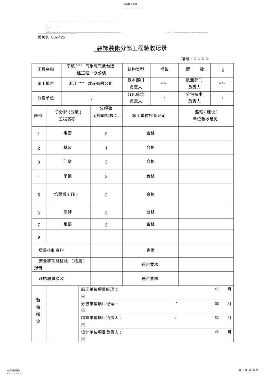 2022年噶米宁波某办公楼装饰工程分部分项工程验收记录表226 .pdf_第1页