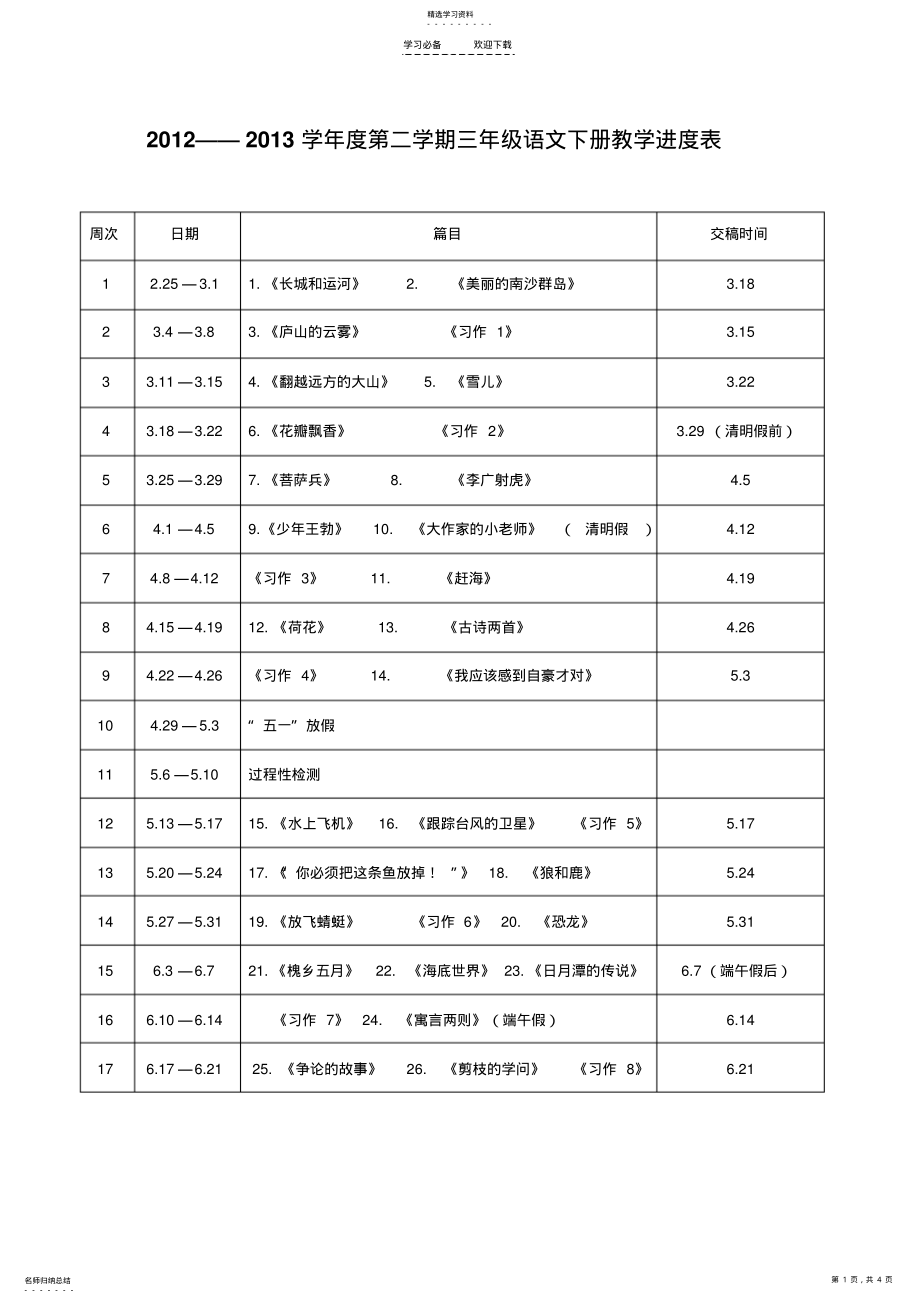 2022年小学语文下册教材优秀教案评比进度表 .pdf_第1页