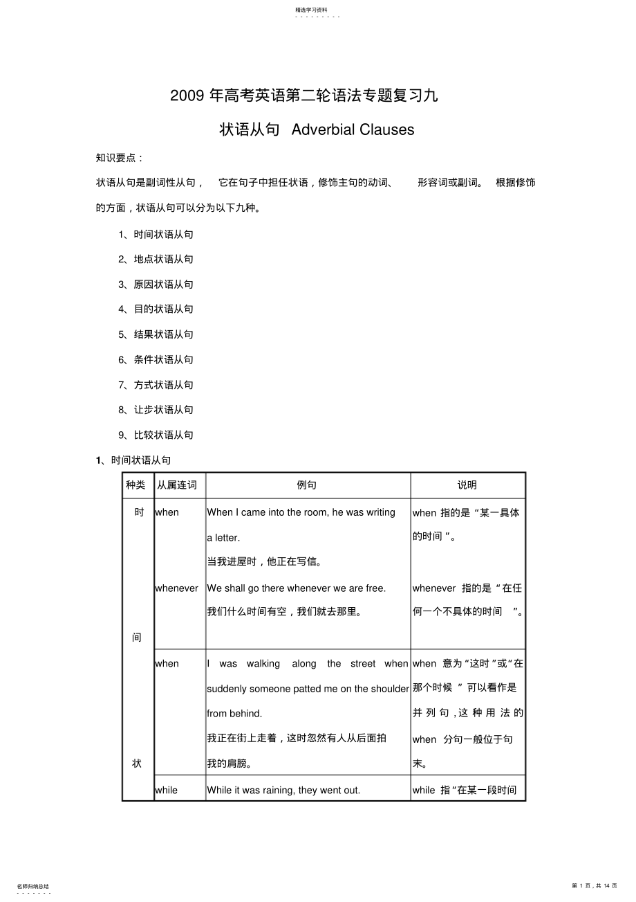 2022年英语同步练习题考试题试卷教案09年高考英语状语从句专题复习 .pdf_第1页