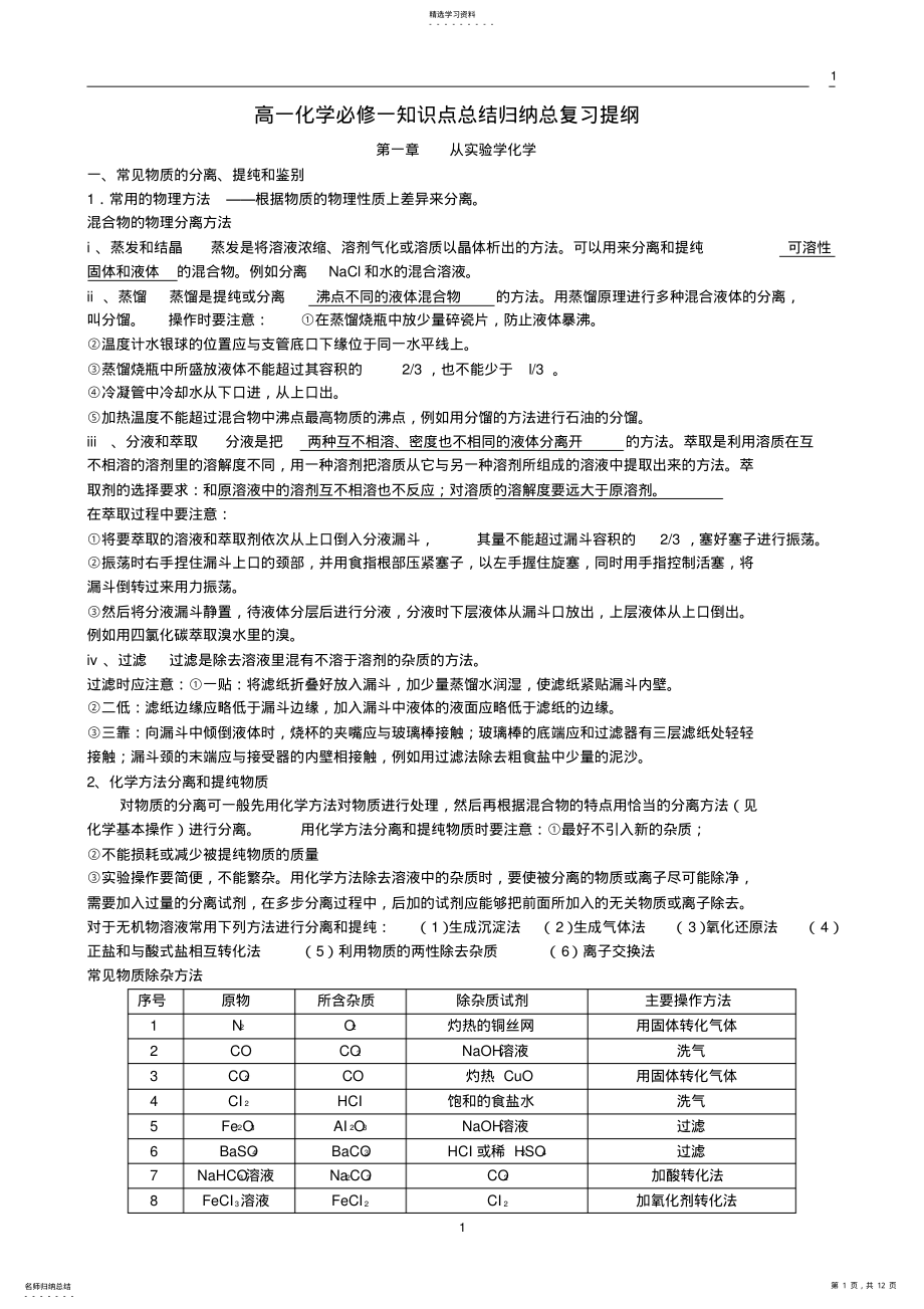 2022年高一化学必修一知识点总结归纳总复习提纲 .pdf_第1页