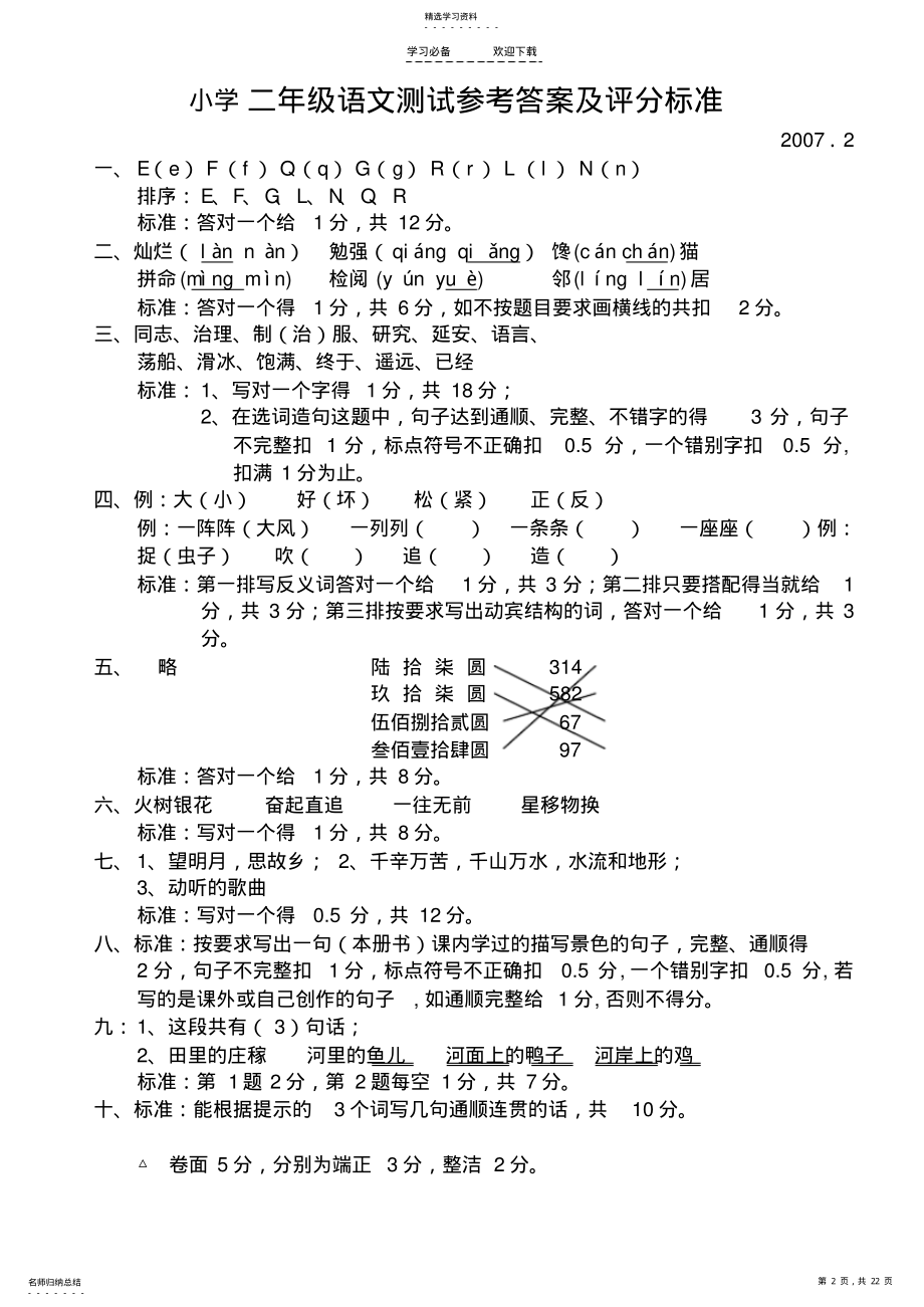 2022年小学一年级语文期末试卷参考答案及评分标准 .pdf_第2页