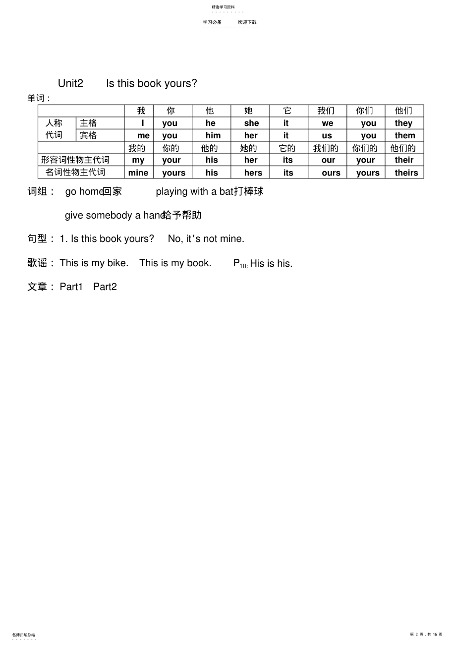 2022年剑桥少儿英语二级上册各单元知识点汇总-打印版 .pdf_第2页