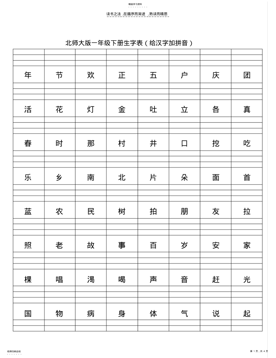 2022年北师大版一年级生字表汉字加拼音下册 .pdf_第1页