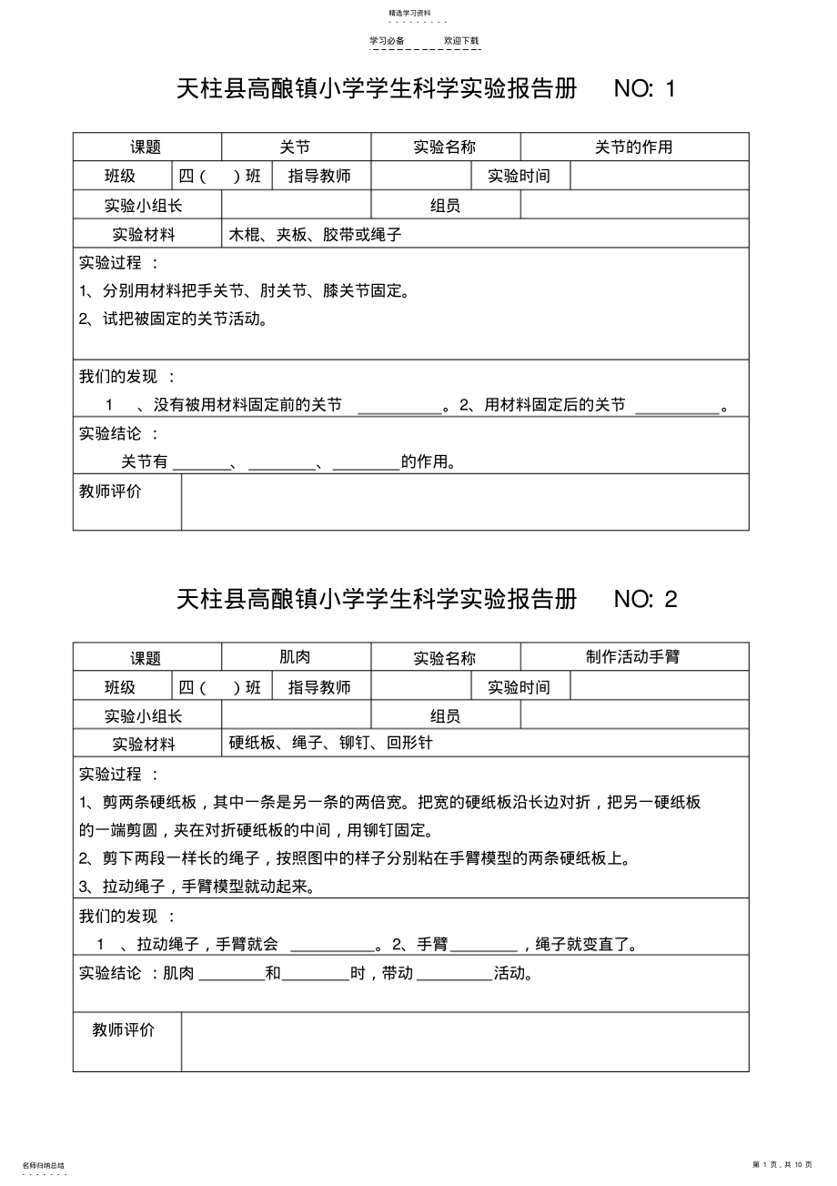 2022年苏教版小学四年级科学下册实验报告册 .pdf_第1页