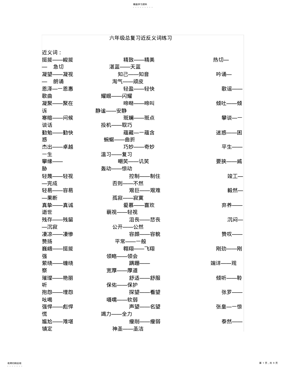 2022年完整word版,六年级近义词和反义词练习题 .pdf_第1页