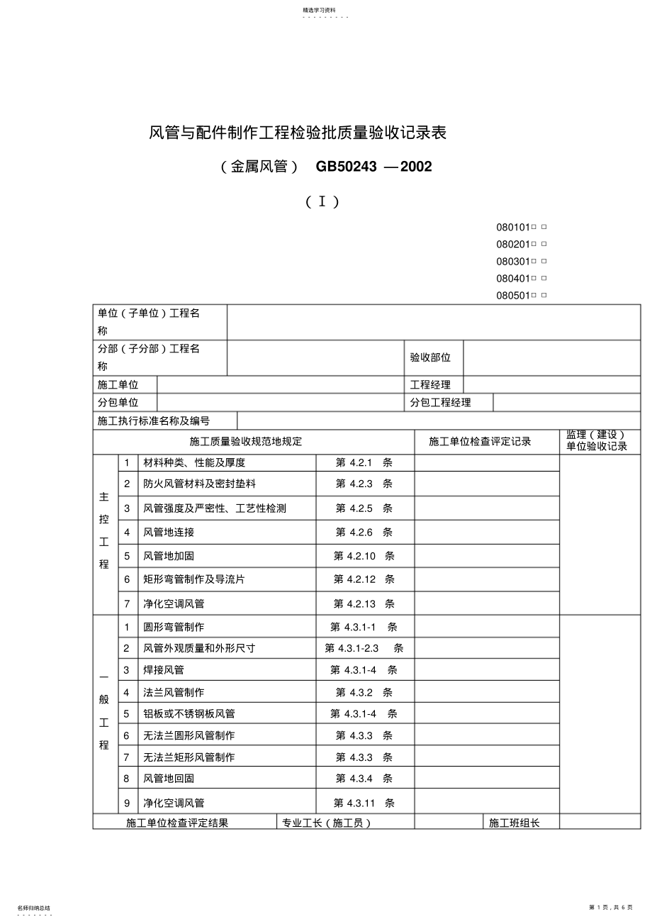 2022年风管与配件制作工程检验批质量验收记录表 .pdf_第1页