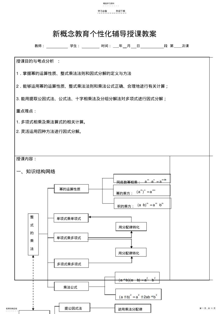 2022年苏教版七年级数学下册整式乘法与因式分解期中复习教案 .pdf_第1页