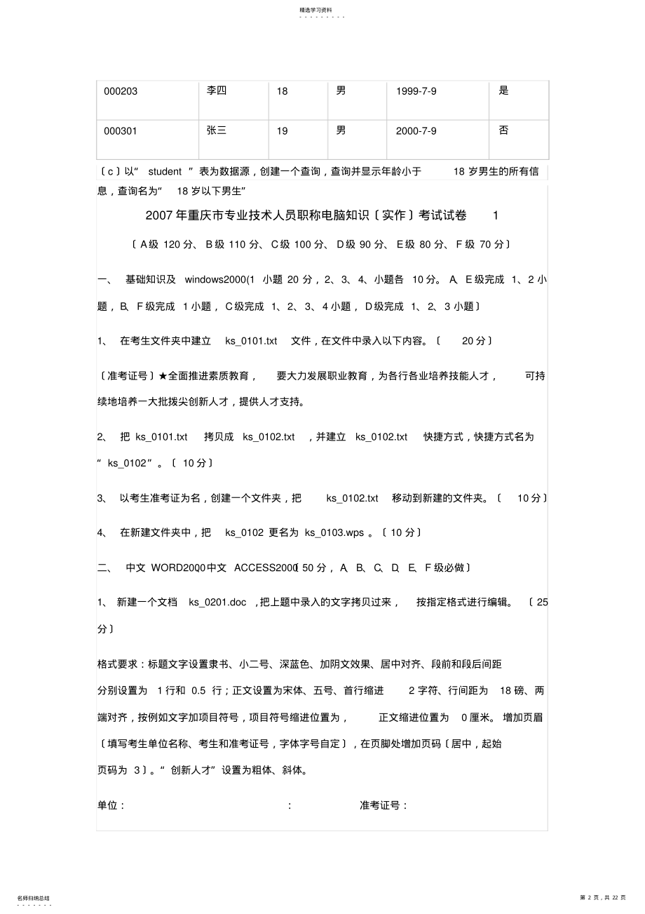 2022年重庆市专业技术人员职称计算机知识考试试卷 .pdf_第2页