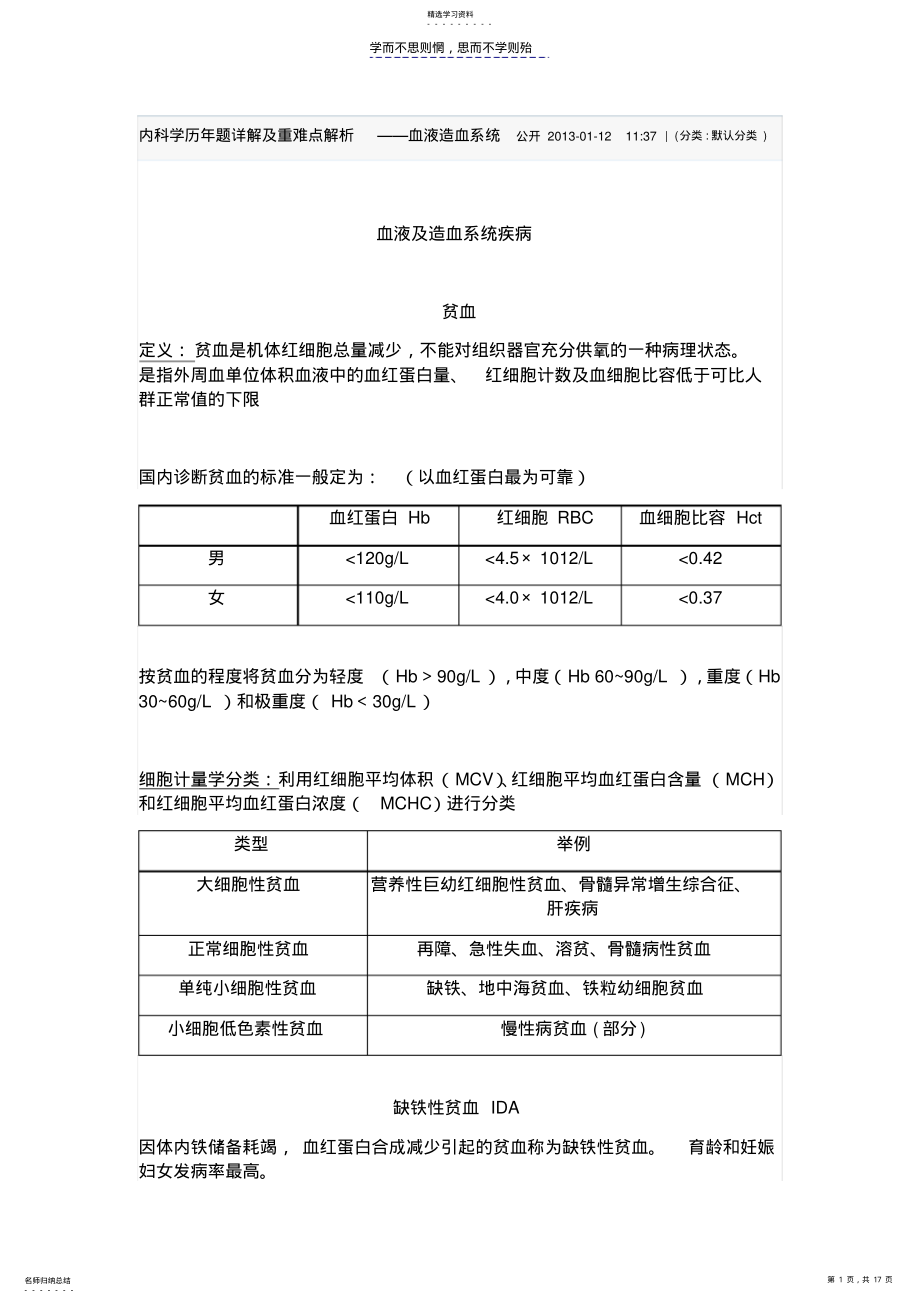 2022年内科学历年题详解及重难点解析血液造血系统 .pdf_第1页