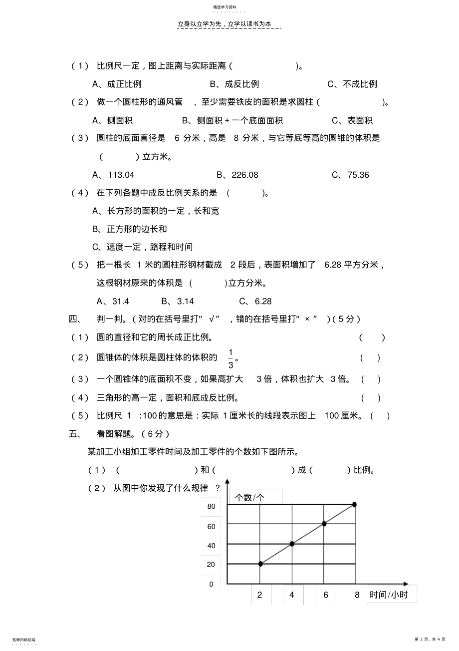 2022年小学六年级数学圆柱与圆锥测试题 .pdf_第2页