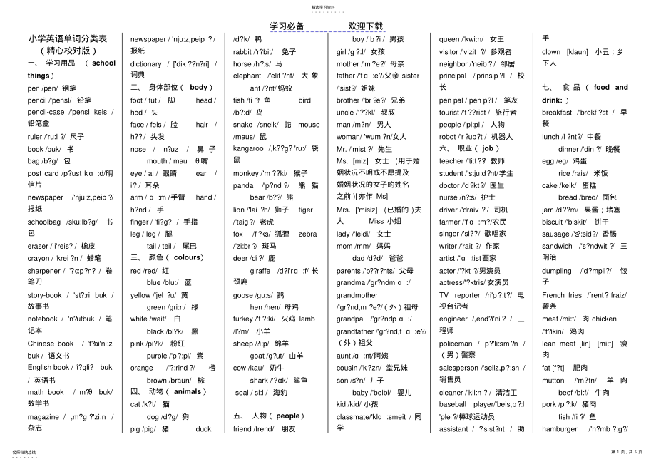 2022年小学英语单词分类表-精品版 .pdf_第1页