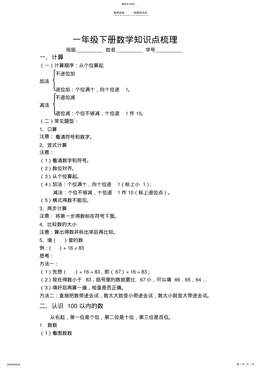 2022年苏教版数学一年级下册复习知识点 .pdf_第1页