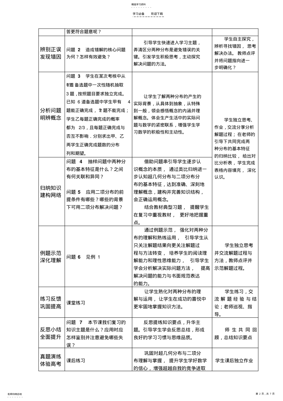 2022年超几何分布与二项分布二轮复习教学设计与导学案 .pdf_第2页