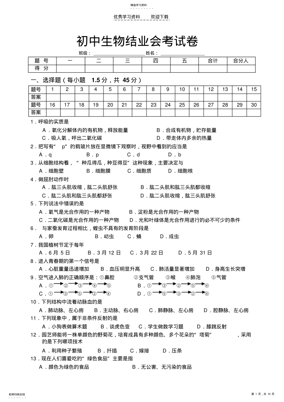 2022年初中生物结业考试考试卷-苏教版 .pdf_第1页