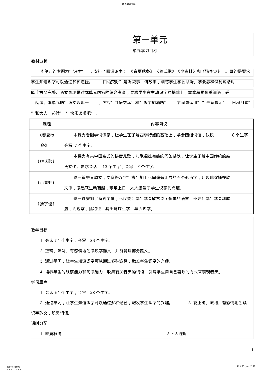 2022年部编版2017年一年级春季学期语文一年级第一单元导学案 .pdf_第1页