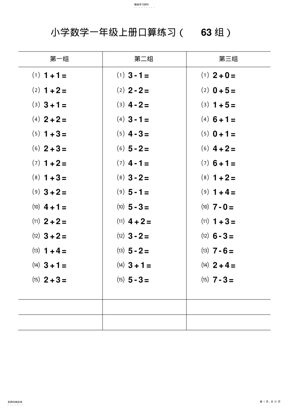 2022年小学数学一年级上册口算练习题 .pdf_第1页