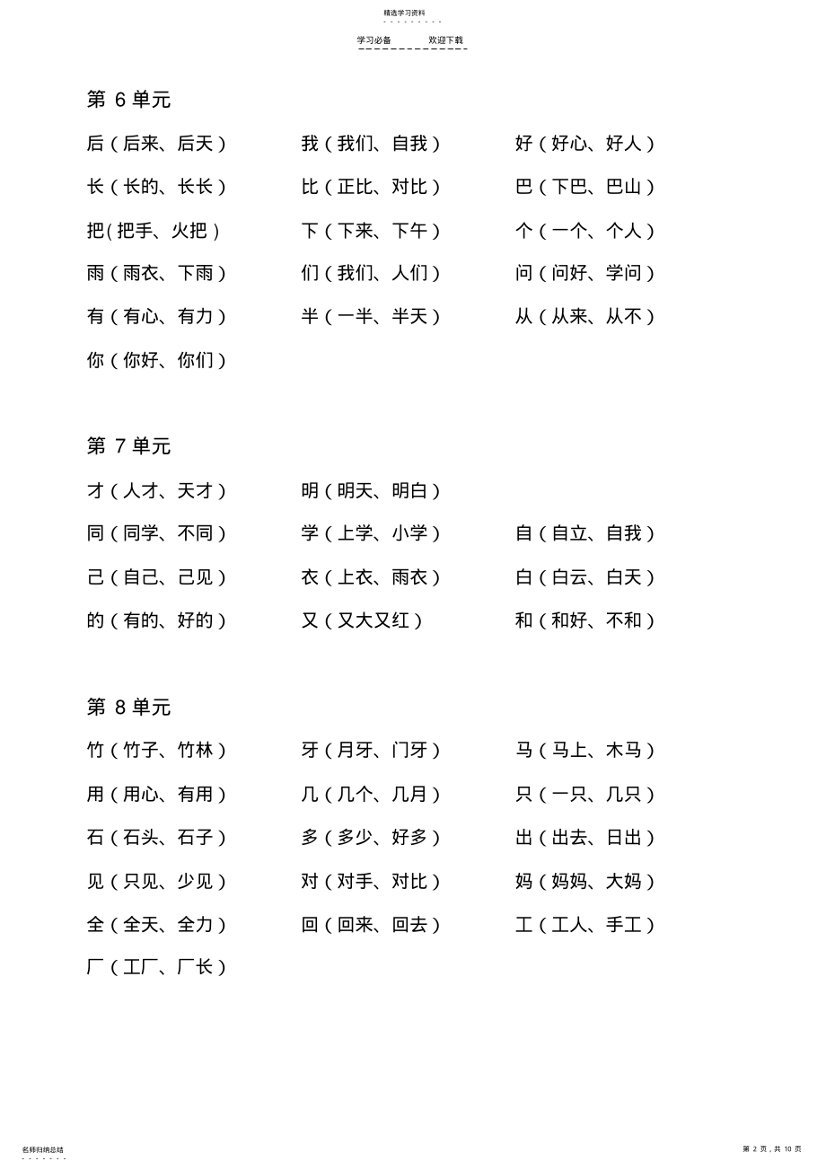 2022年部编版一年级上册字词复习资料 .pdf_第2页