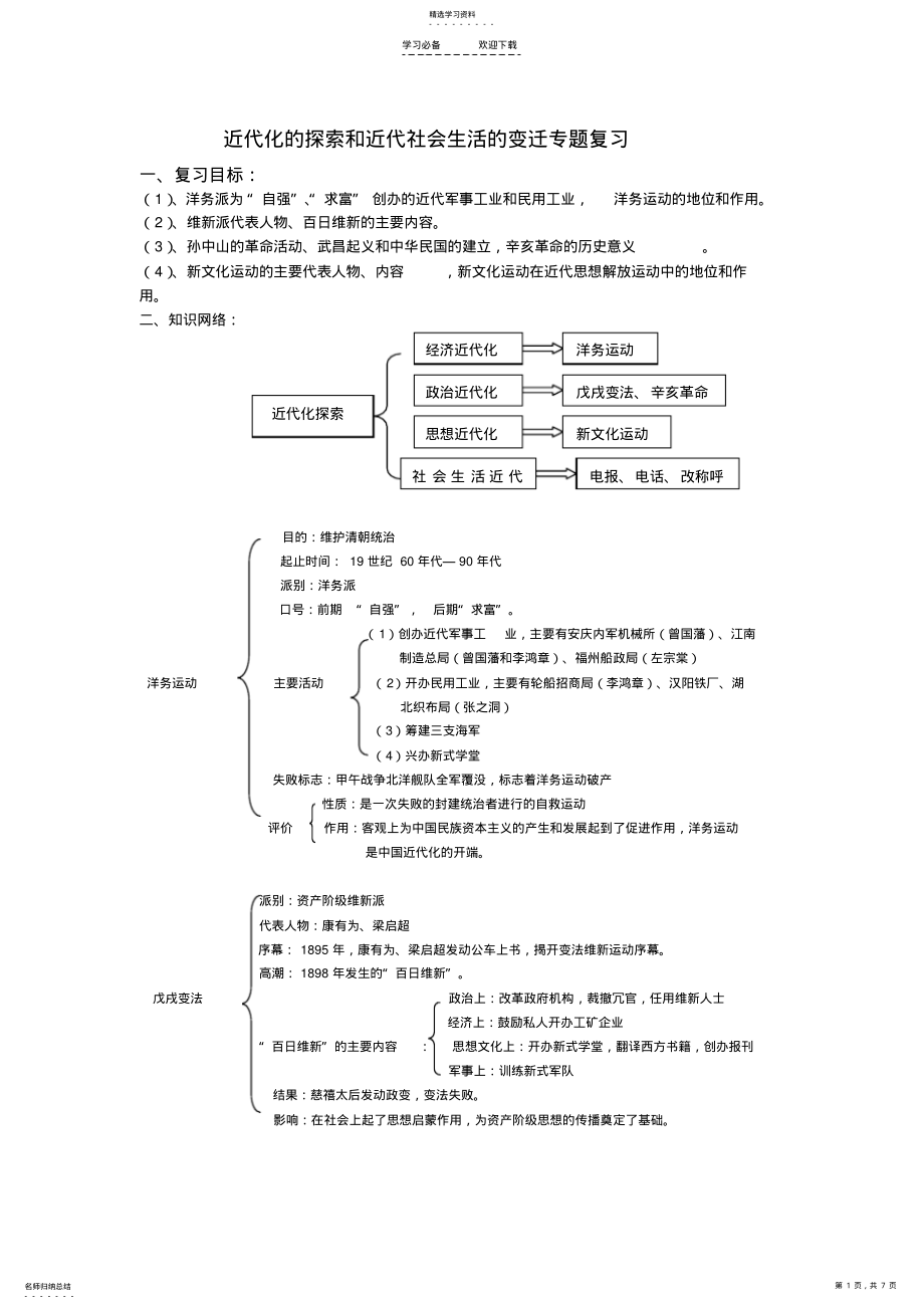 2022年近代化的探索和近代社会生活的变迁专题复习 .pdf_第1页