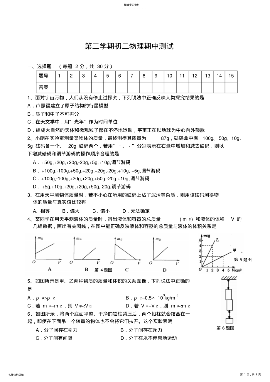 2022年初中物理八年级下册期中试卷初二物理试卷 .pdf_第1页