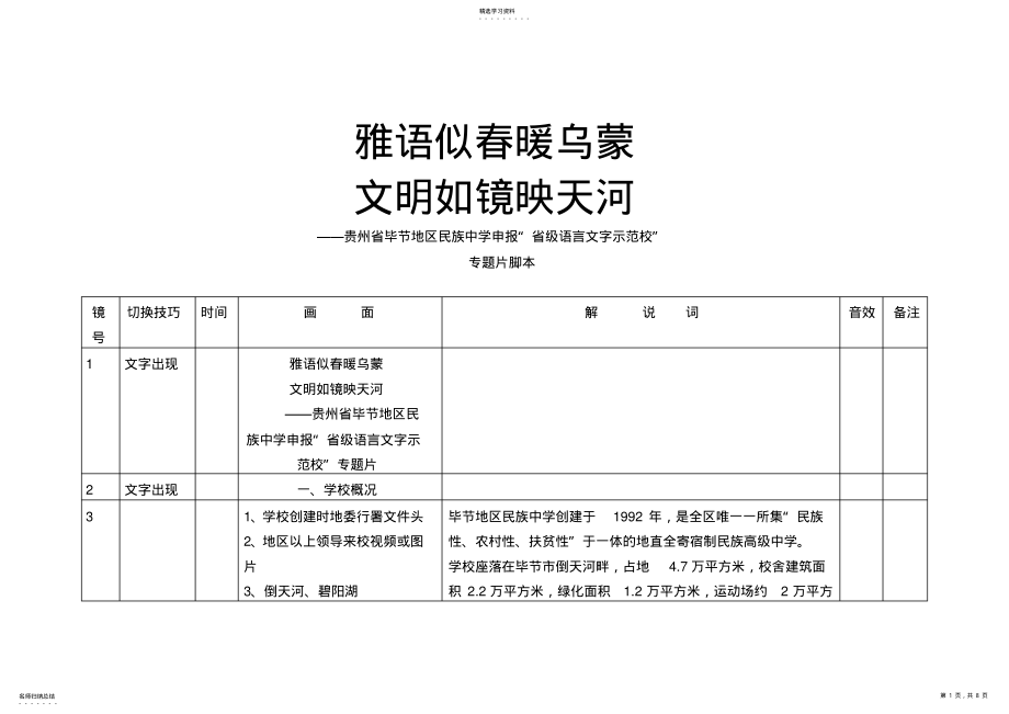 2022年雅语似春暖乌蒙文明如镜映天河——贵州省毕节地区民族中学申报“省级语言文字示范校”专题片脚本 .pdf_第1页