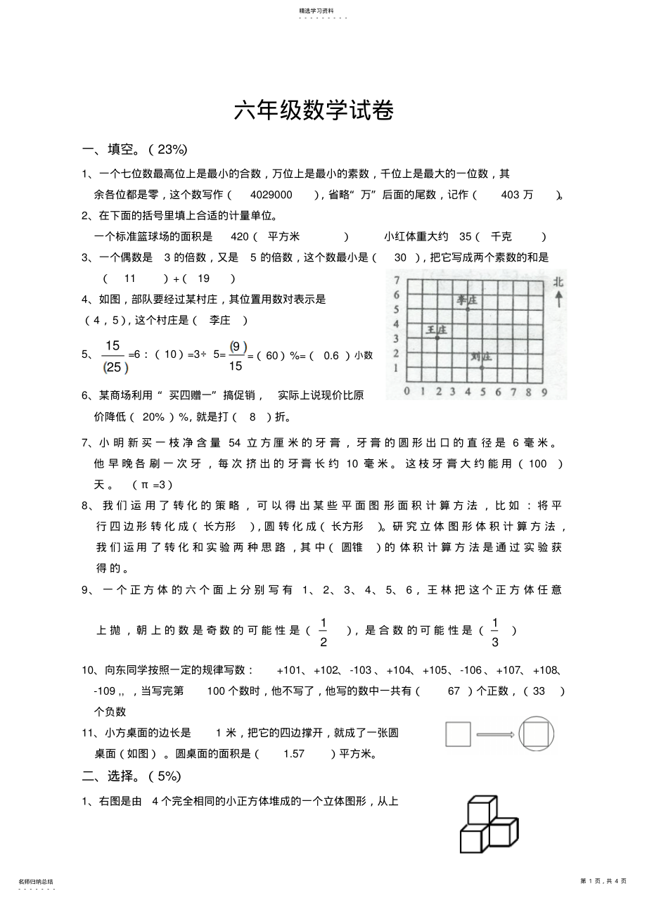 2022年小学数学毕业模拟试卷 .pdf_第1页