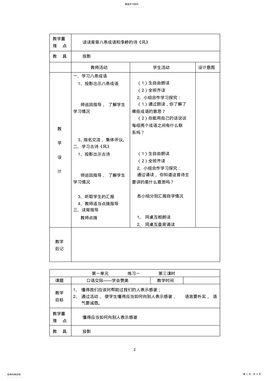 2022年苏教版小学语文四年级上册《第一单元练习一处处留心读读背背口语交际——学会赞美》3课时表格式教案设计 .pdf_第2页