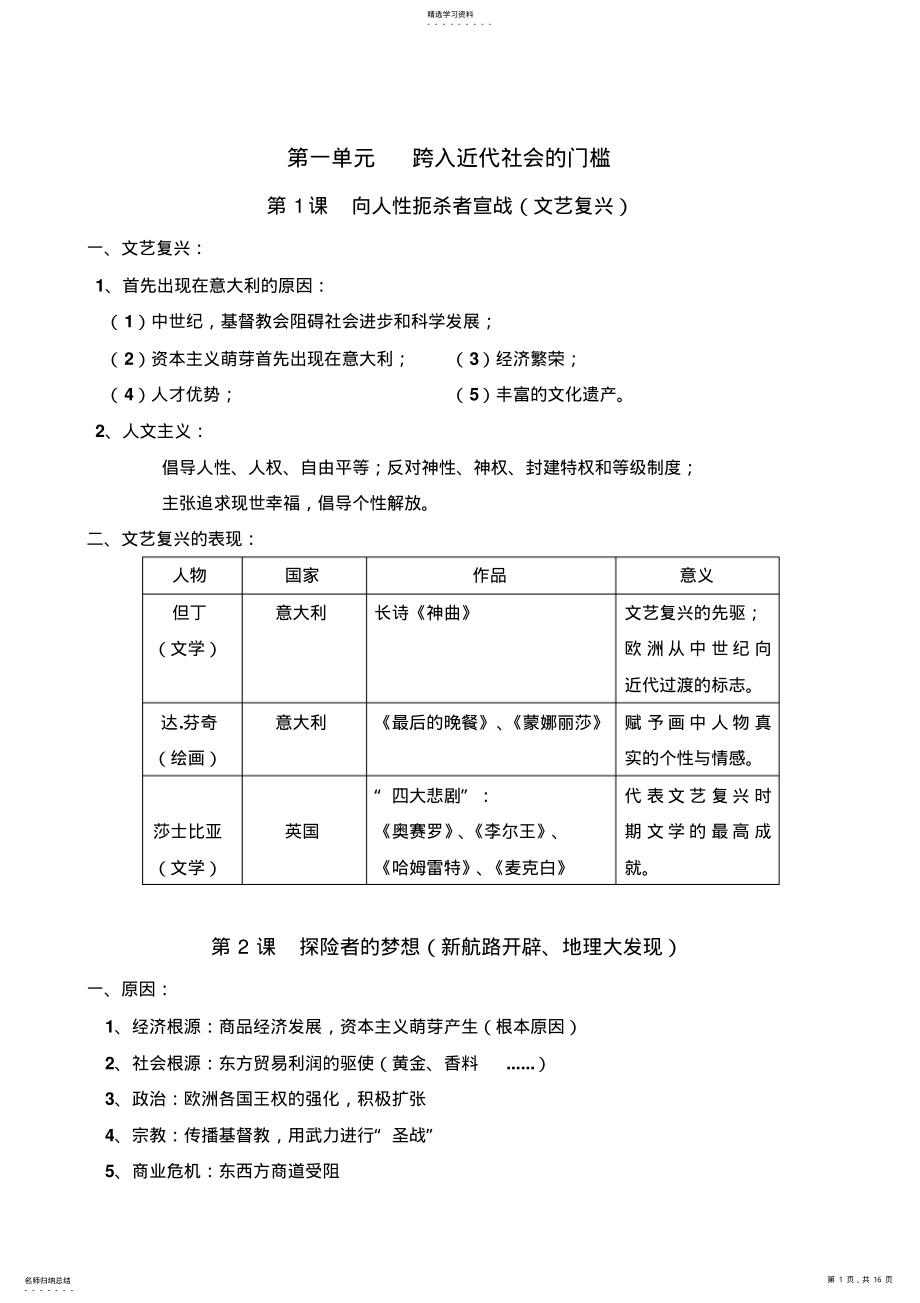 2022年北师大版九年级历史上册每课知识点总结复习 .pdf_第1页