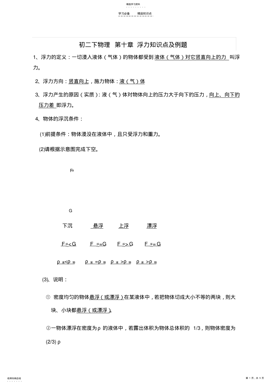 2022年初二物理第十章浮力知识点及例题 .pdf_第1页