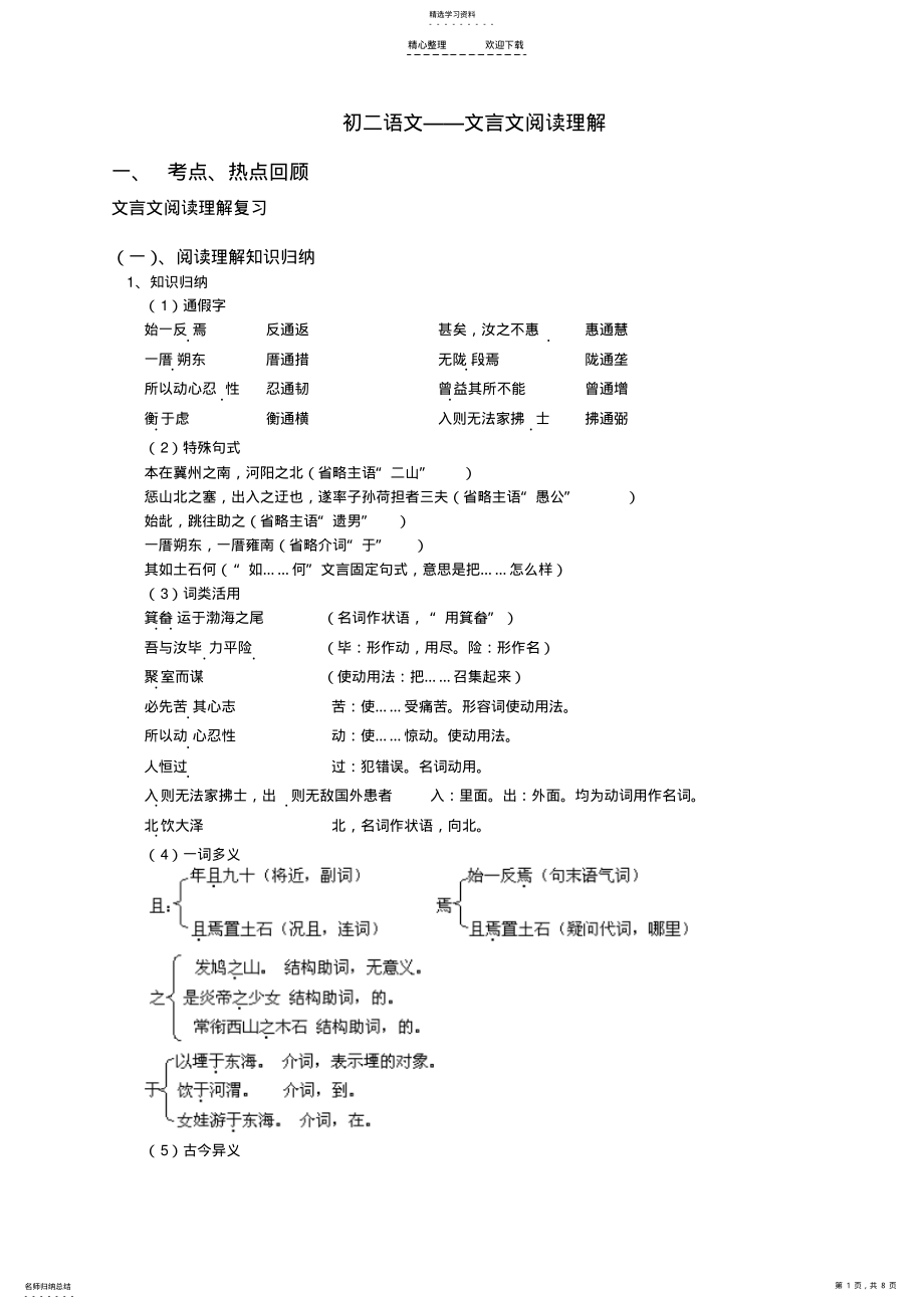 2022年初二文言文阅读技巧及习题练习 .pdf_第1页