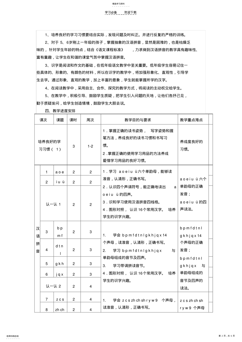 2022年苏教版一年级上册语文教学计划 .pdf_第2页