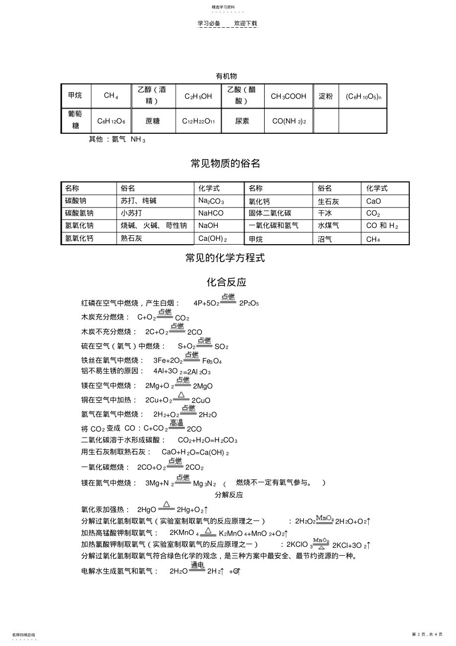 2022年初中常见物质的化学式及重要化学反应方程式 .pdf_第2页