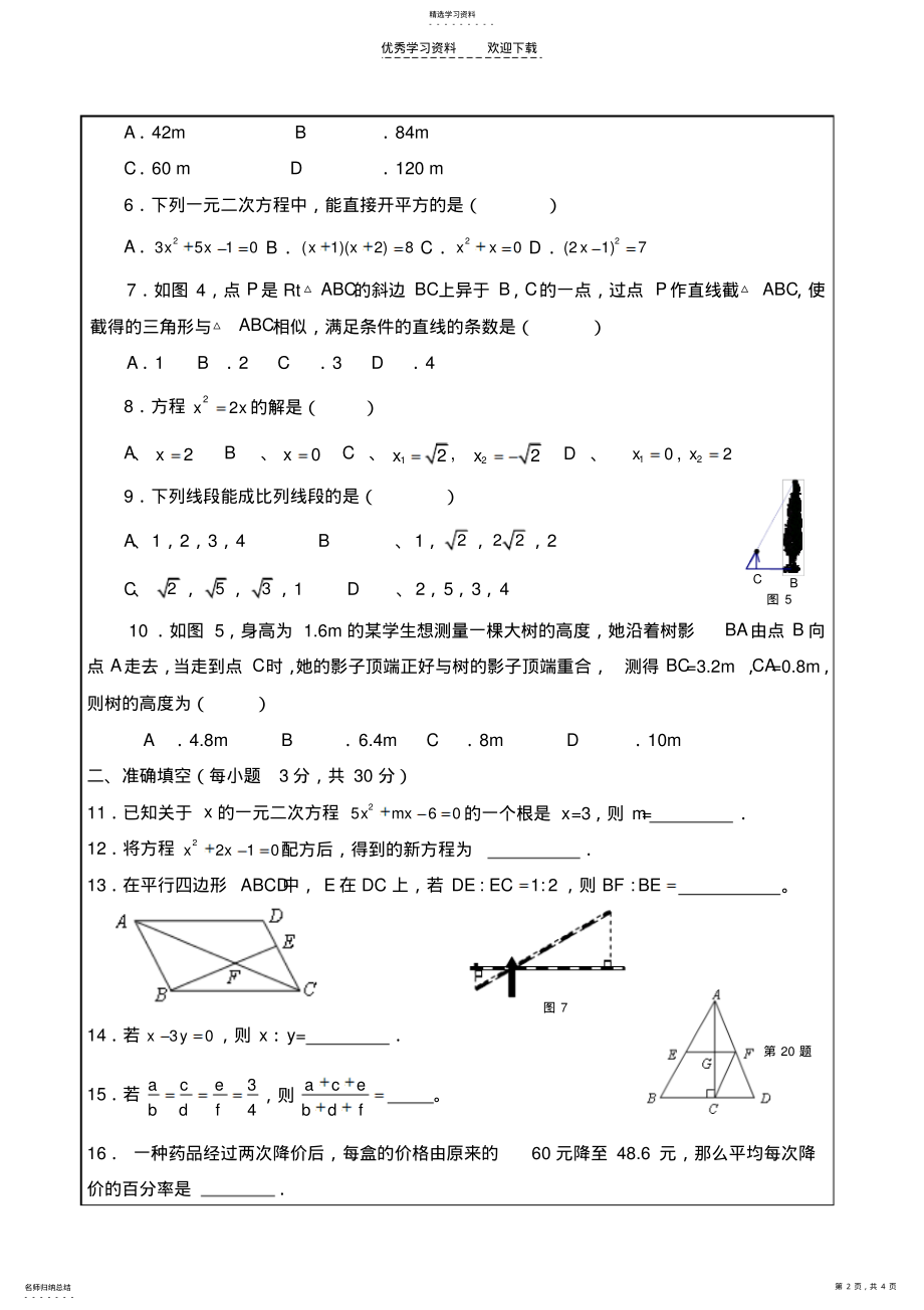 2022年初三数学一元二次方程相似测试题 .pdf_第2页