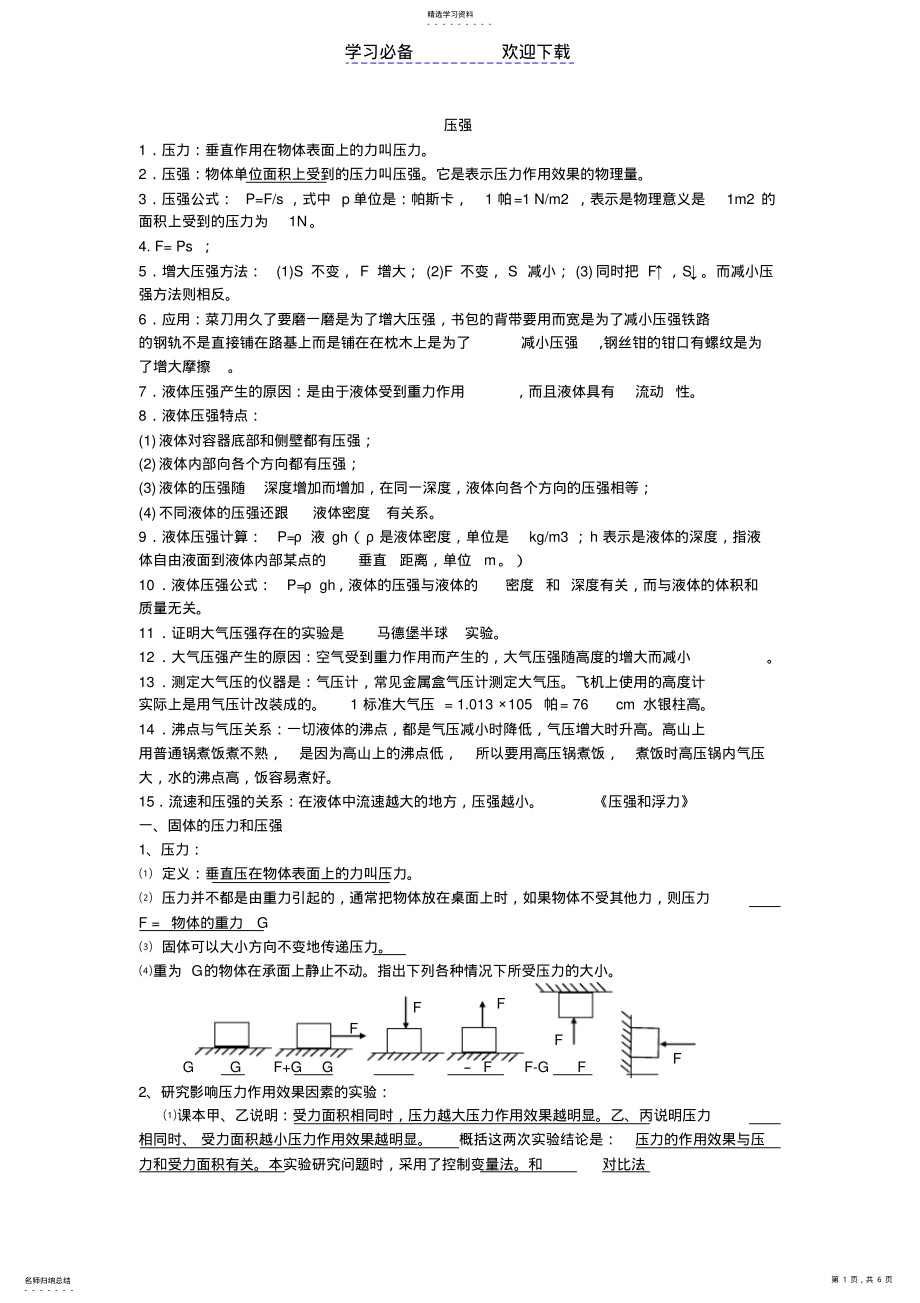 2022年初中物理压强、浮力知识点归纳 .pdf_第1页