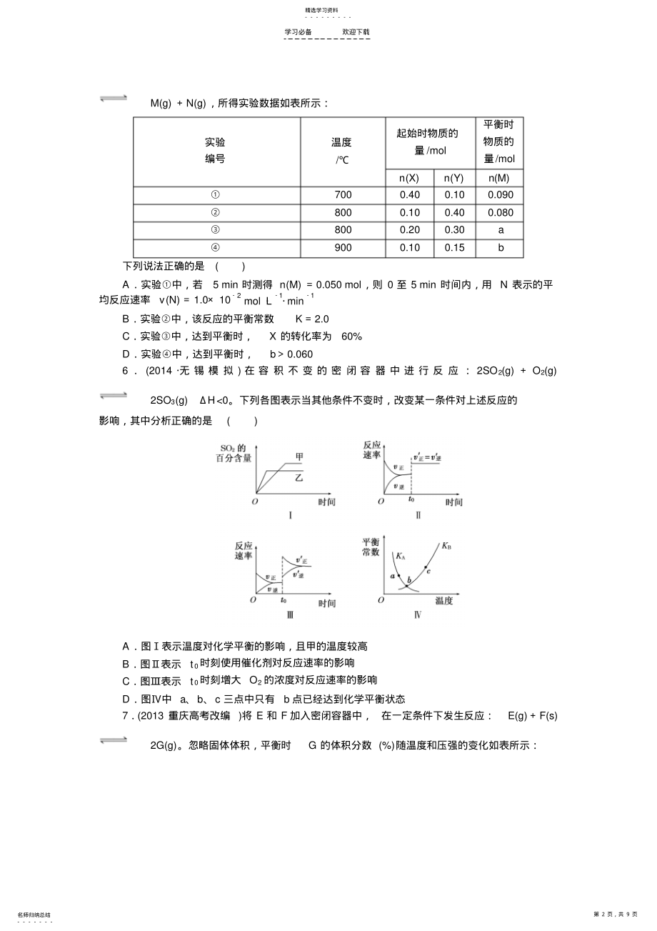 2022年苏教版高考化学二轮复习精品同步测试系列专题限时集训化学反应速率和化学平衡 .pdf_第2页