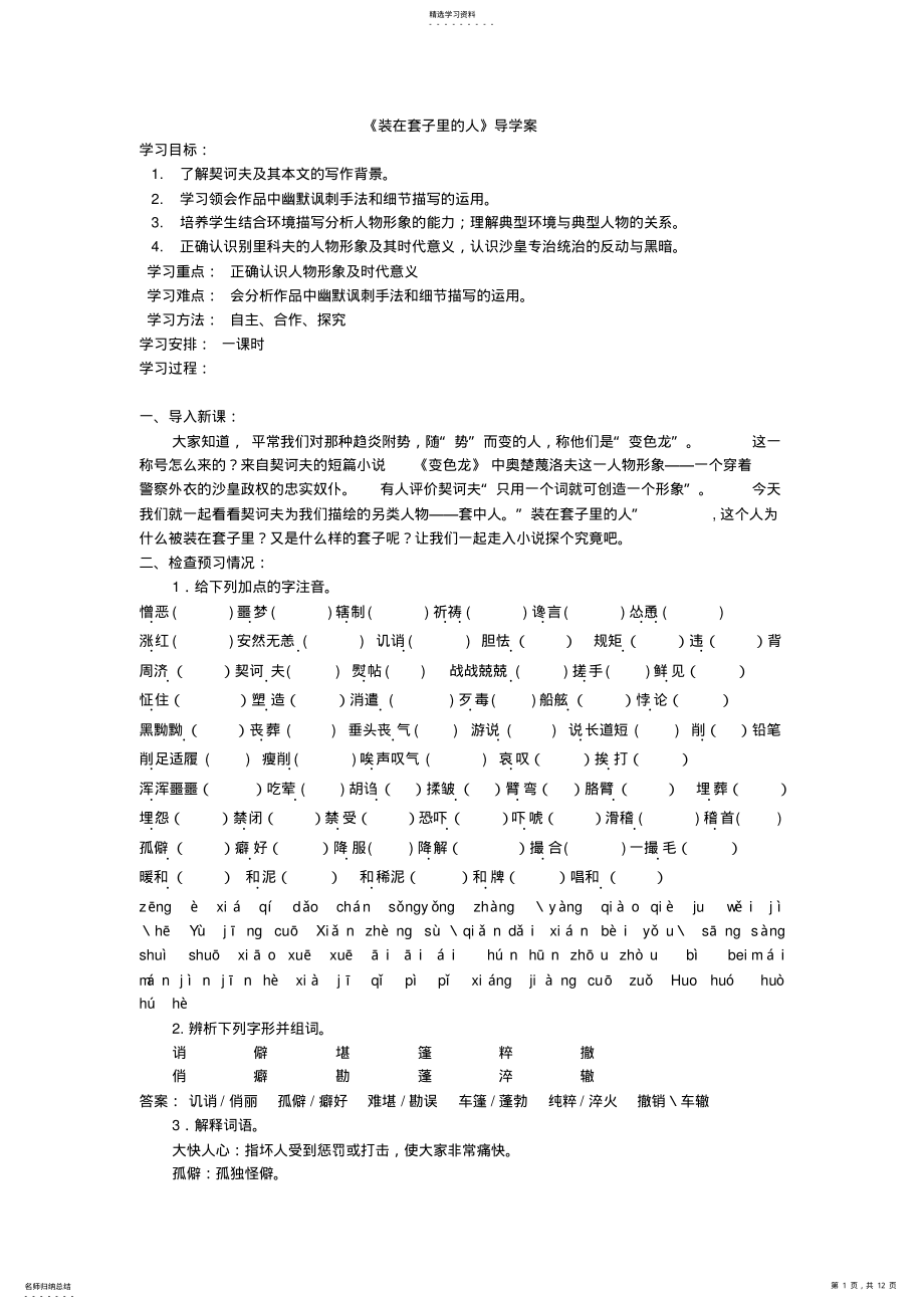 2022年装在套子里的人导学案教师版完稿 .pdf_第1页