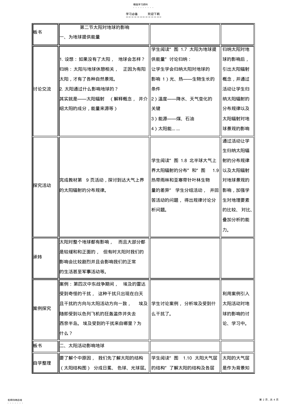 2022年地理人教版一师一优课必修一教学设计第一章第二节《太阳对地球的影响》Word版含答案 .pdf_第2页