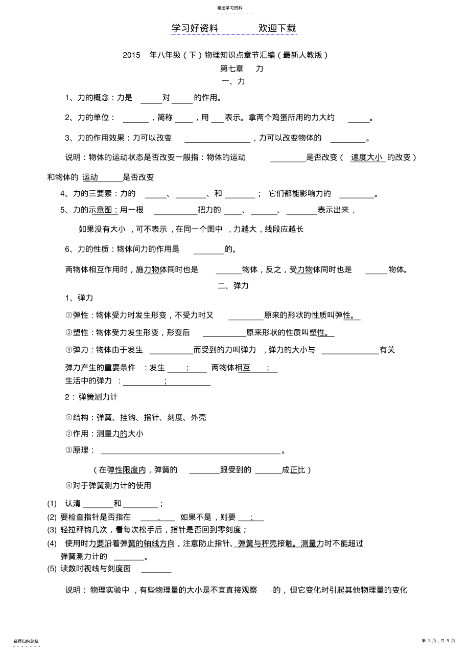 2022年初中物理八年级下册知识点章节汇编 .pdf_第1页