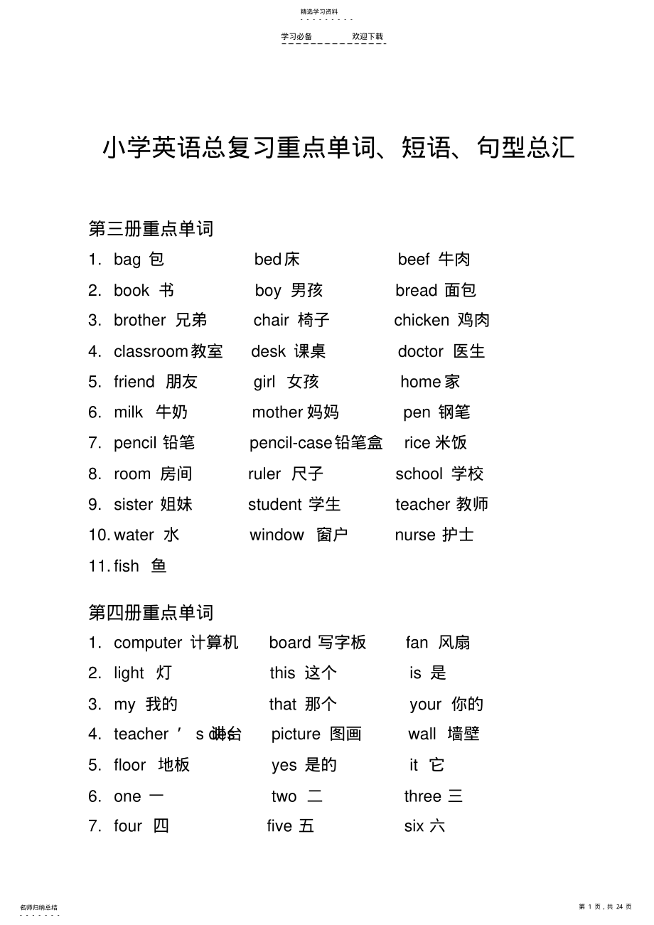 2022年小学英语总复习单词短语句型总汇 .pdf_第1页