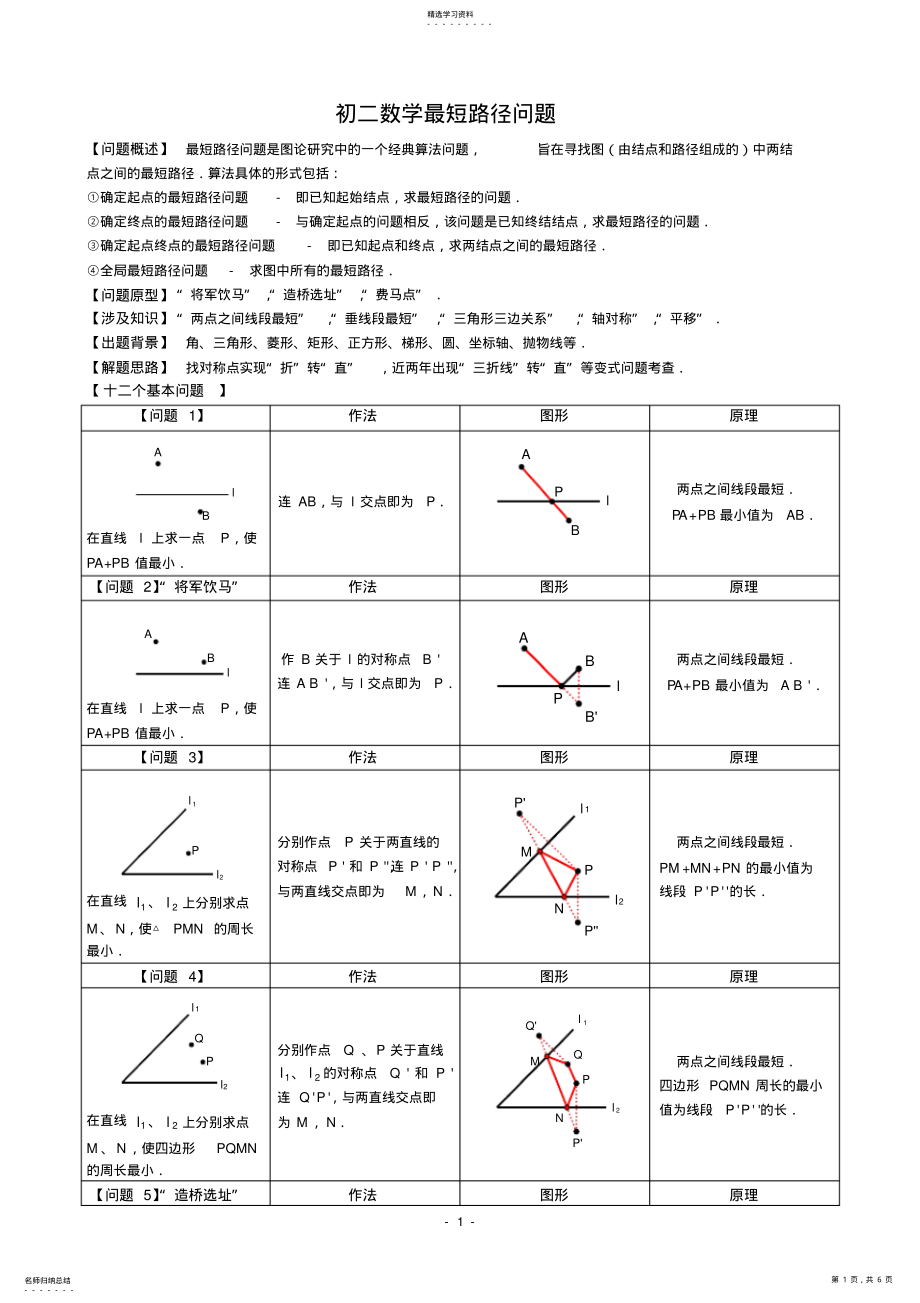 2022年初二数学最短路径问题知识归纳+练习 .pdf_第1页