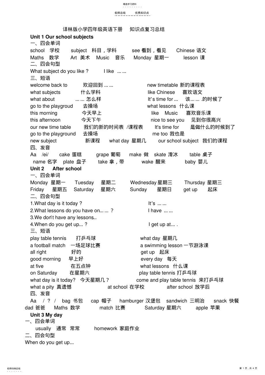 2022年译林版小学四年级英语下册-知识点复习总结 .pdf_第1页