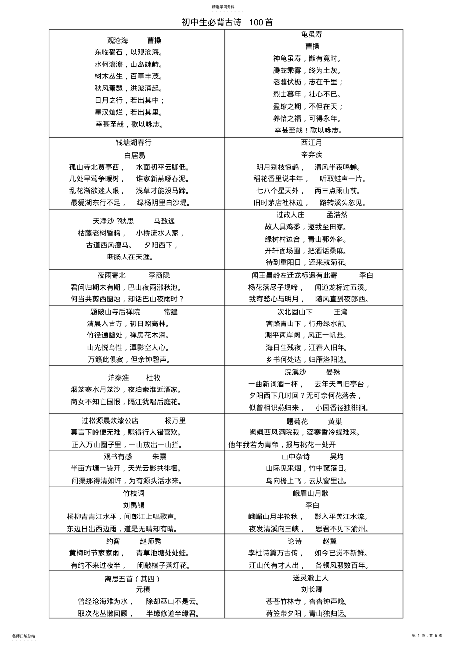 2022年初中生必背古诗100首 .pdf_第1页