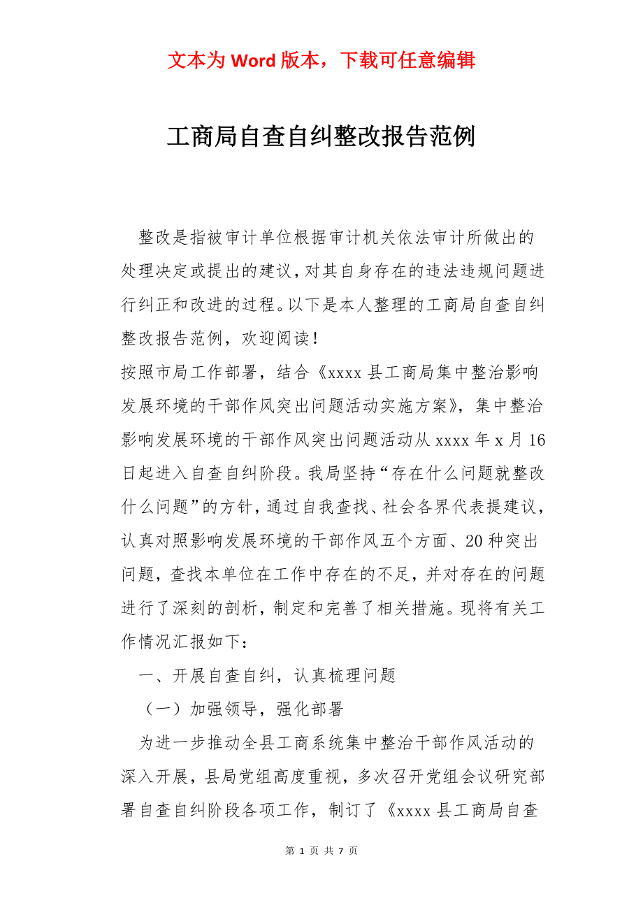 工商局自查自纠整改报告范例.docx_第1页