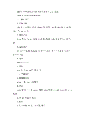 冀教版小学英语三年级下册单元知识总结(全册).docx