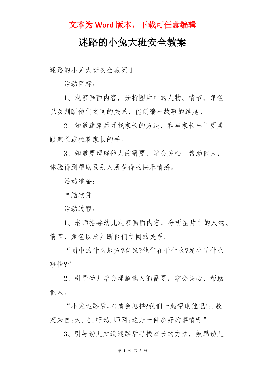 迷路的小兔大班安全教案.docx_第1页