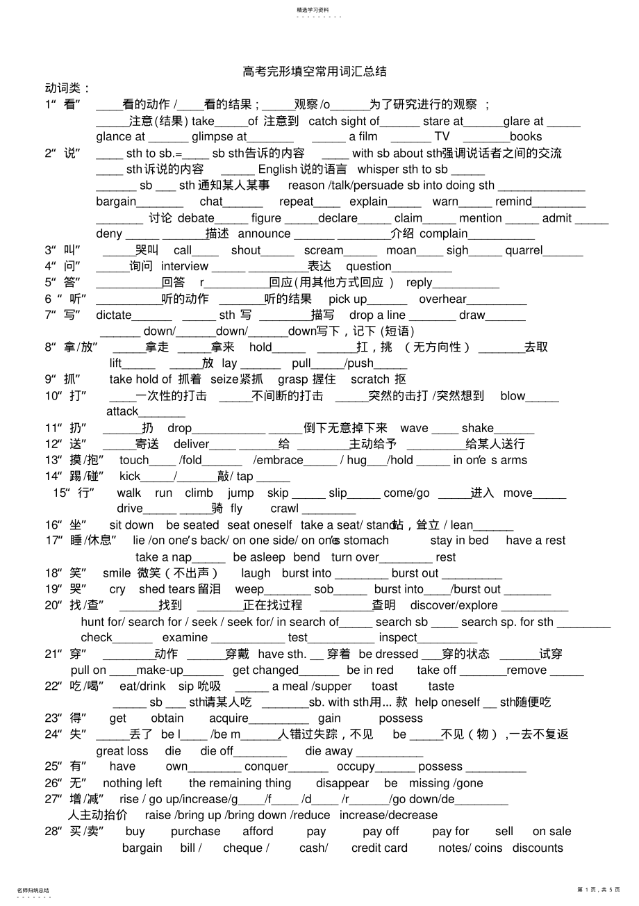 2022年高考完形填空高频词汇总结整理版 .pdf_第1页